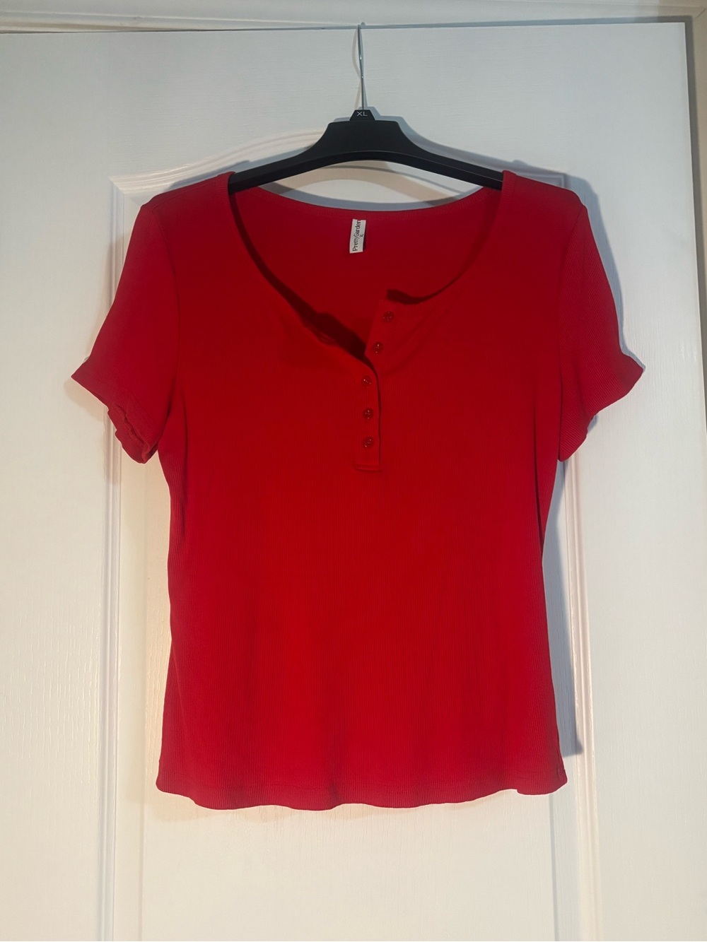 PrettyGarden Women's Red Ribbed Crewneck Top with Button Trim